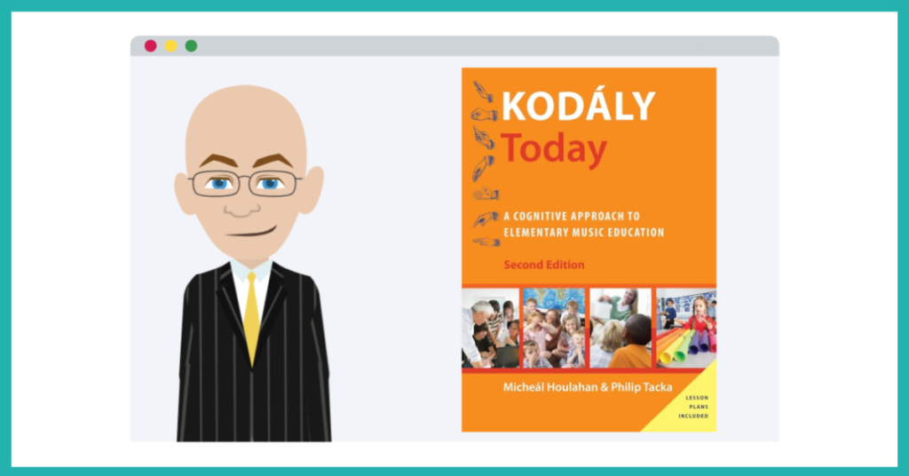 A Cartoon Image of Dr. Houlahan and his book, Kodaly Today!